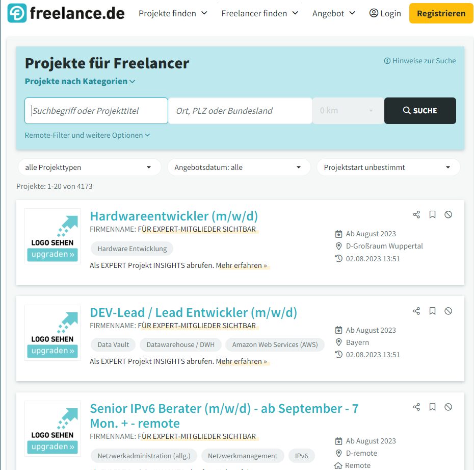 Suche nach Projekten Suchagent freelance.de